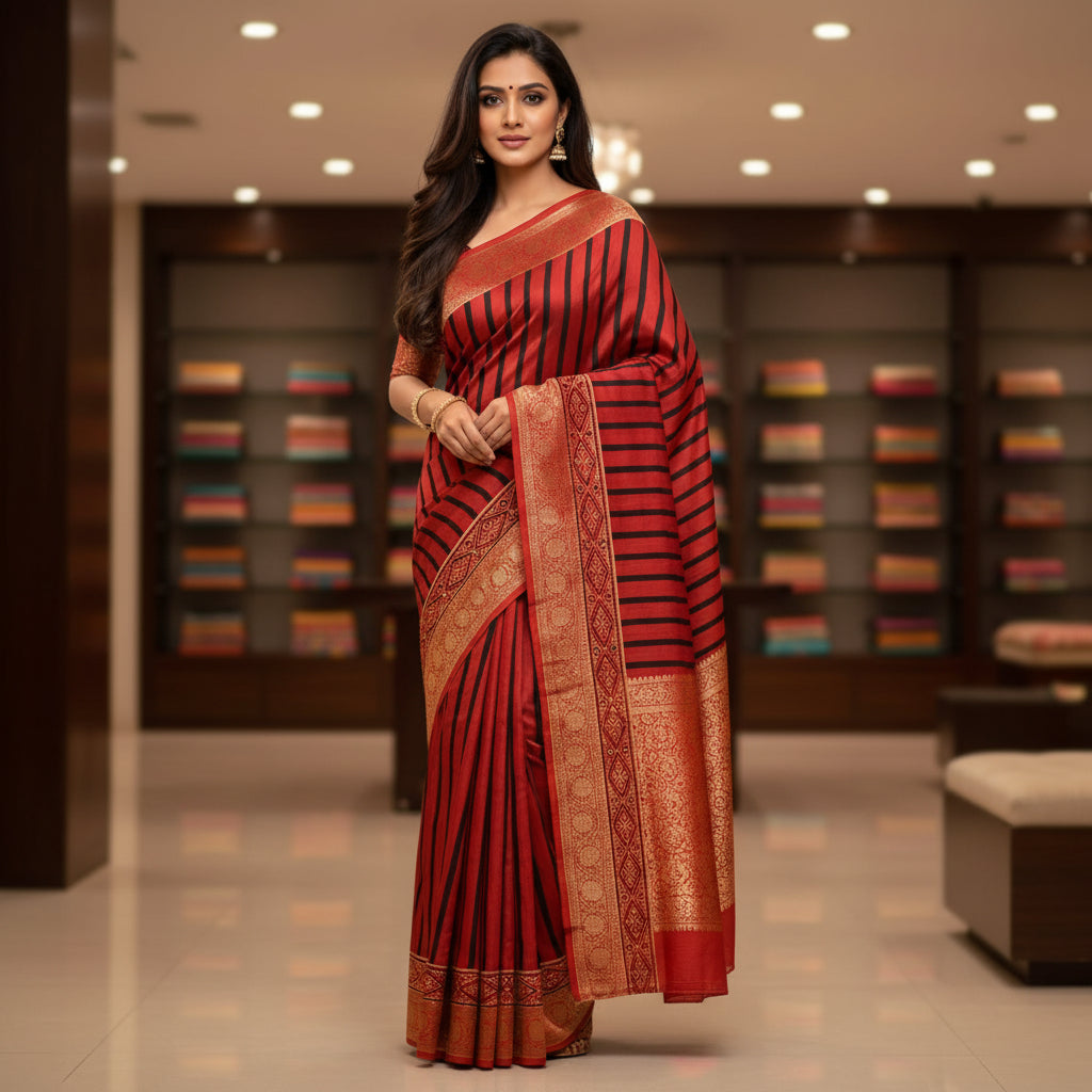 Red with black stripes Pure dola silk saree