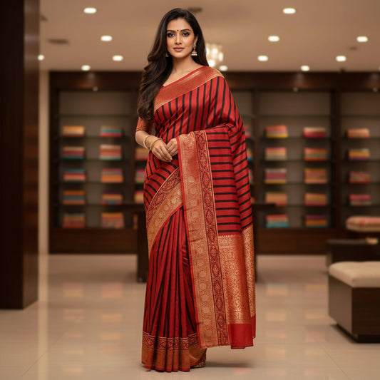 Red with black stripes Pure dola silk saree
