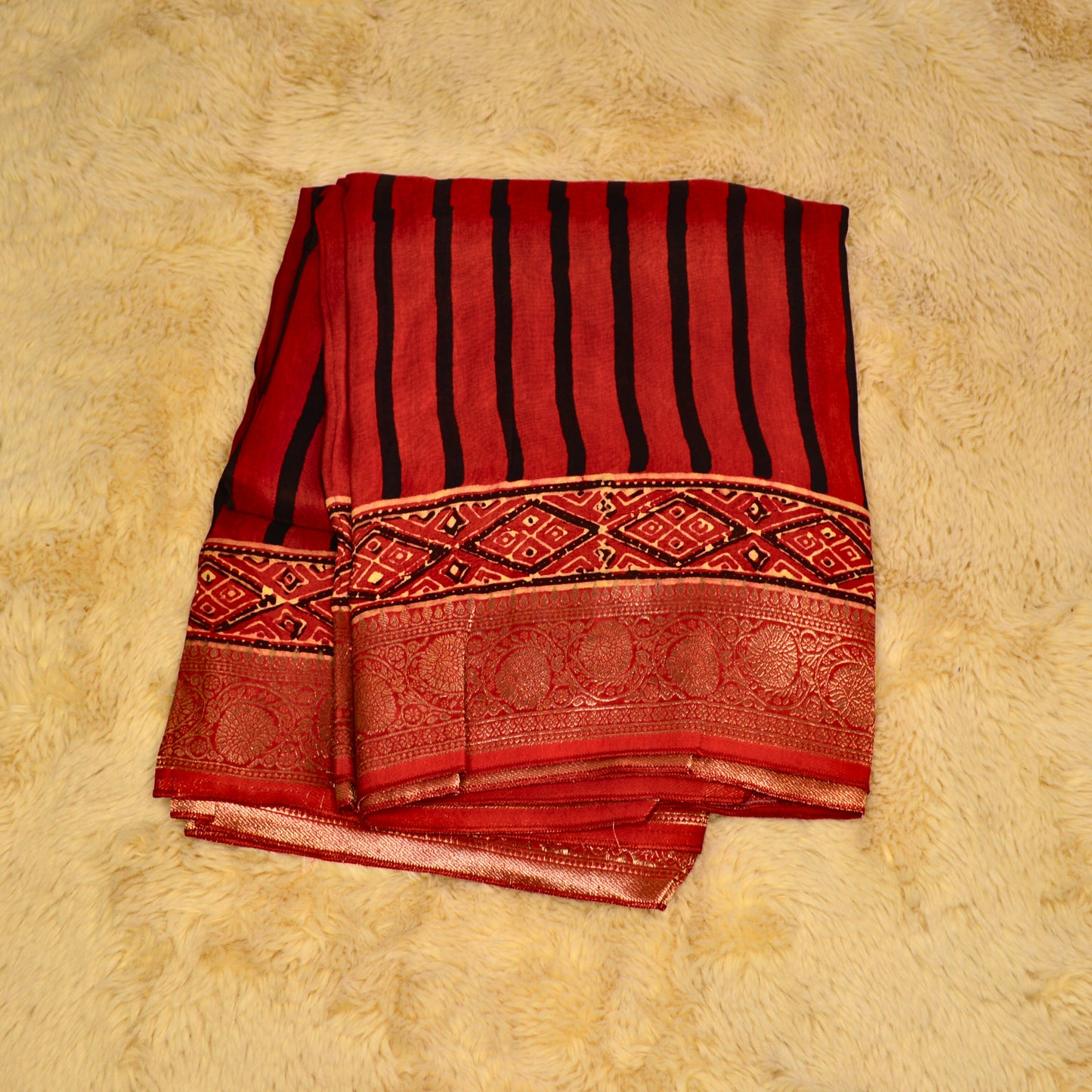 Red with black stripes Pure dola silk saree