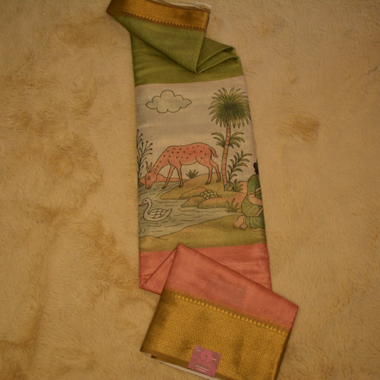 Multi colour cotton blend kalamkari border saree