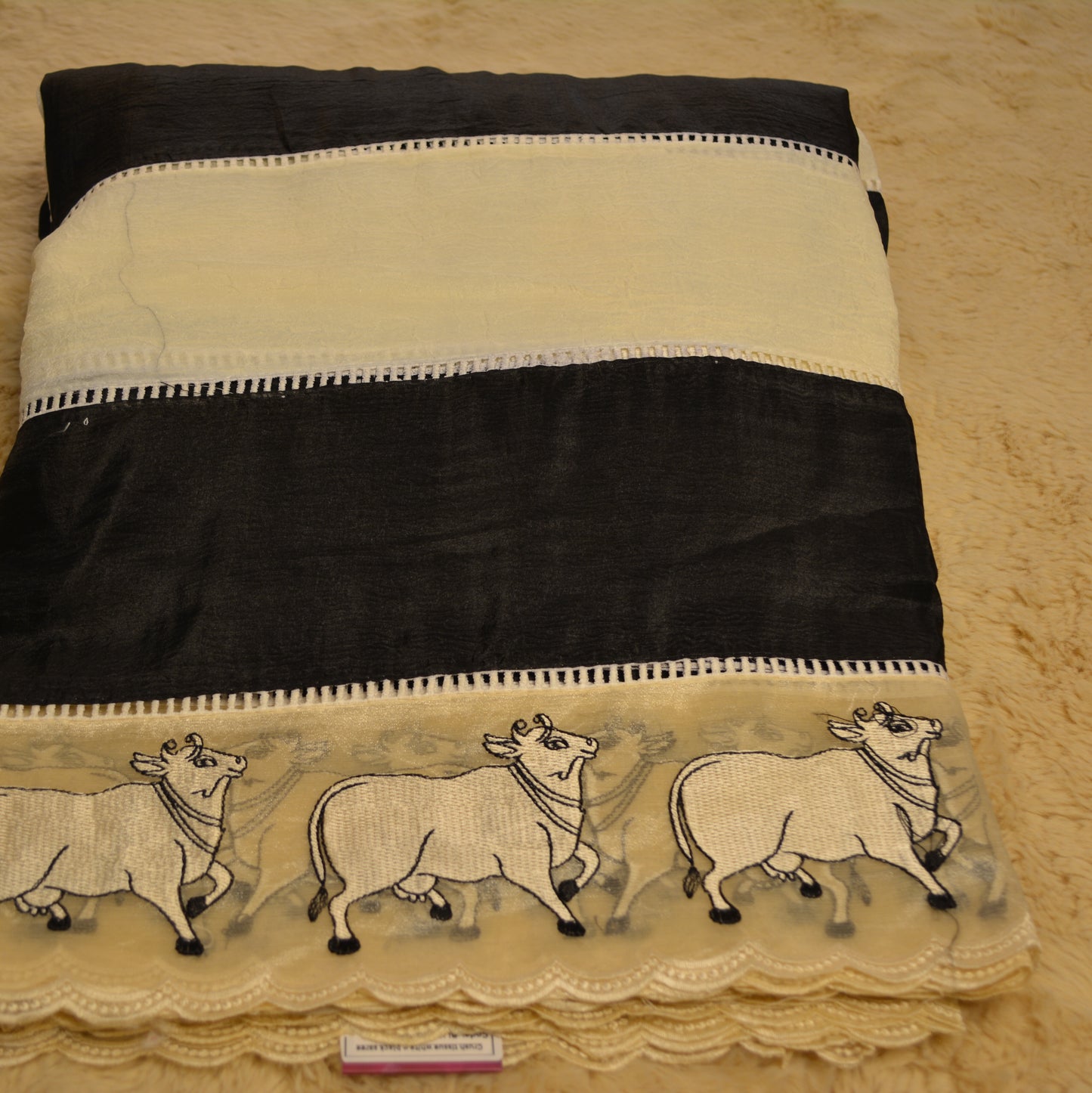 crush tissue white and black embroidery saree