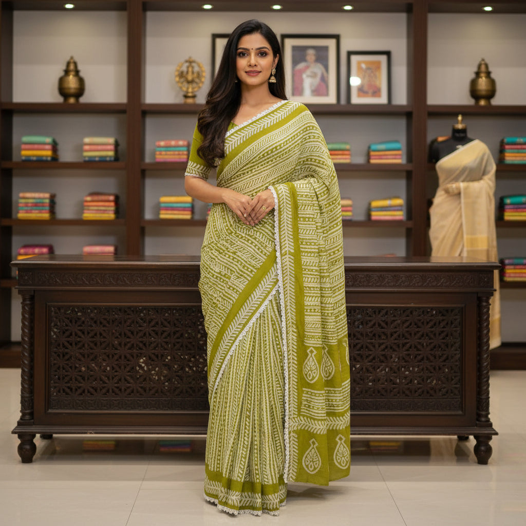 Mehandi green maslin cotton saree