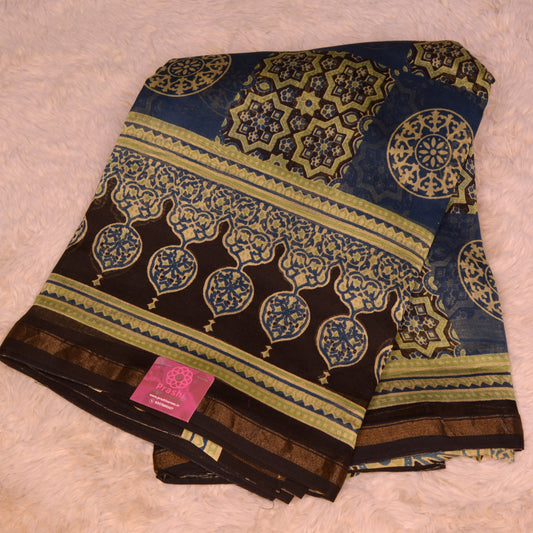 Teal blue ajrakh handblock printed chanderi silk cotton saree