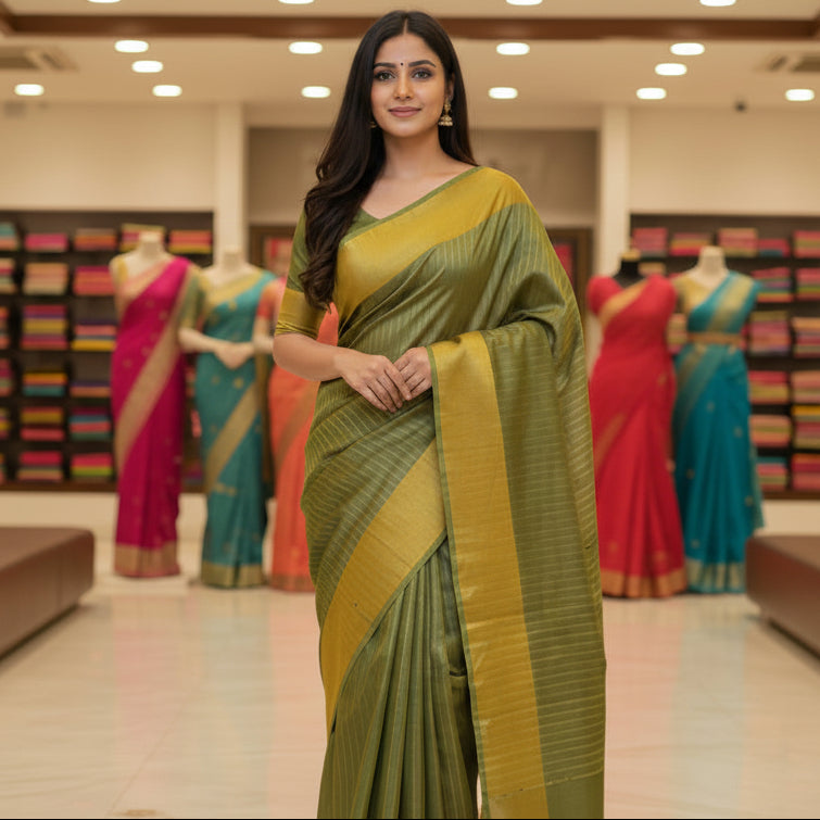 Peach green mooga silk 2 blouse saree