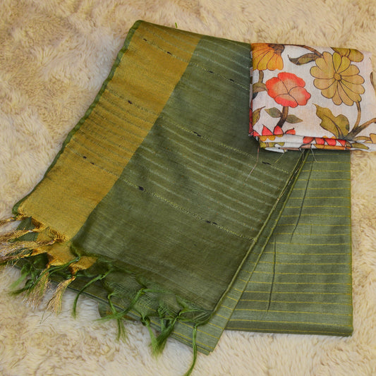 Peach green mooga silk 2 blouse saree