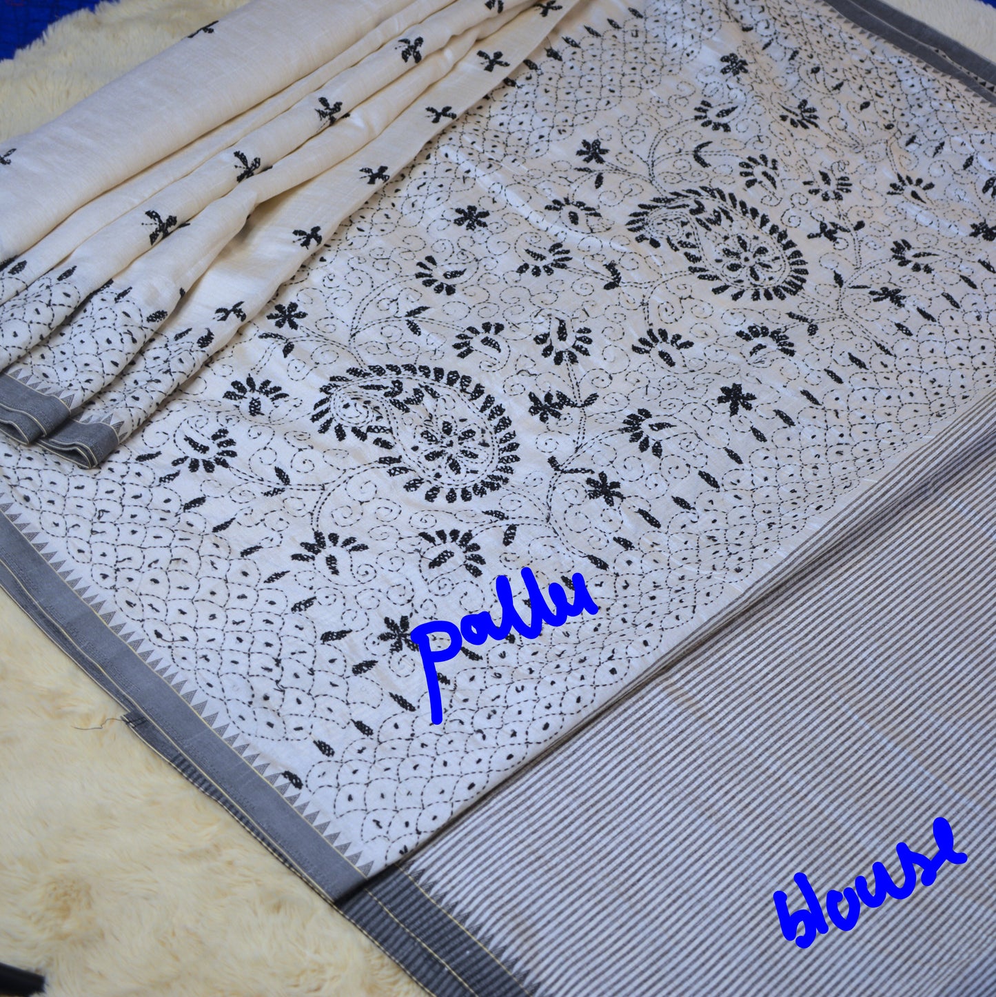 Half white with black tussar kashmir embroidery saree