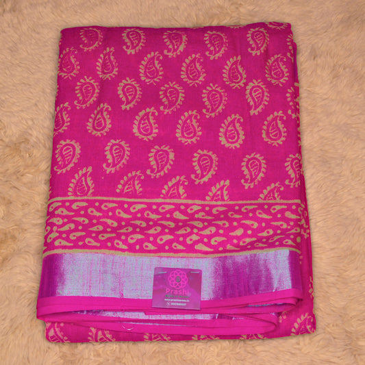 Dark pink pure linen handblock printed saree