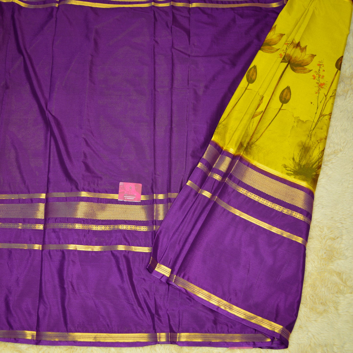 Yellow purple contrast semi mysore crepe kalamkari saree