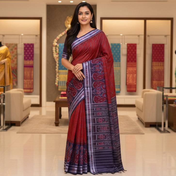 Brick red triple layer sabalpuri handloom cotton saree
