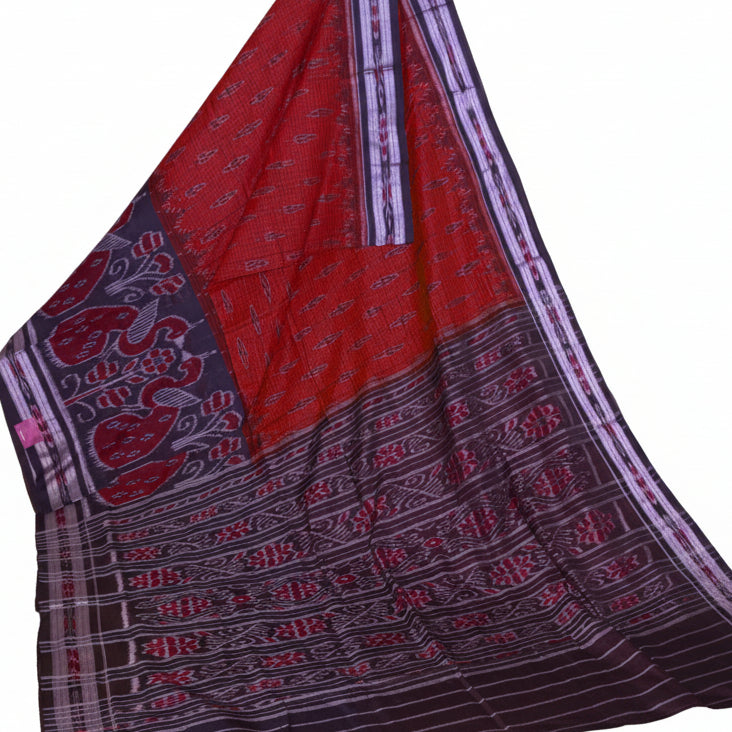 Brick red triple layer sabalpuri handloom cotton saree