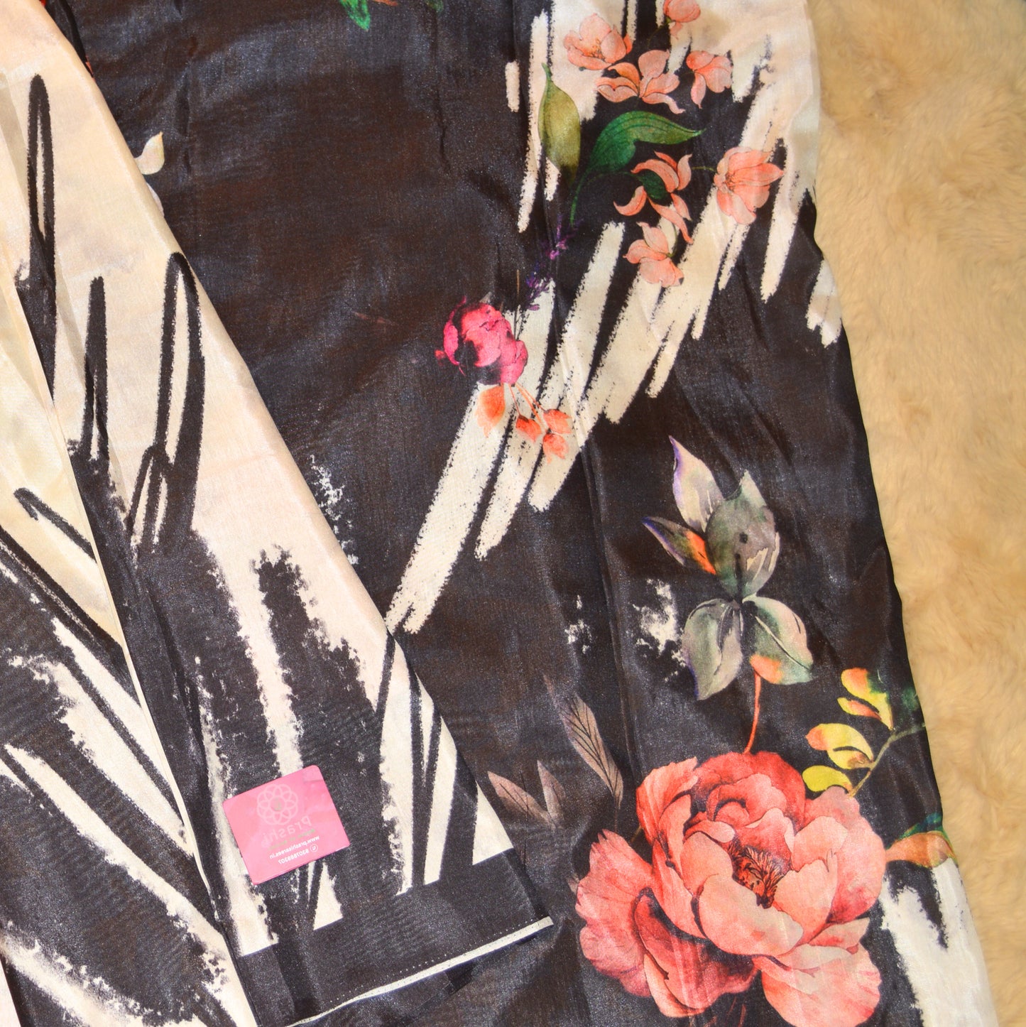 Half-white with black contrast canon silk saree