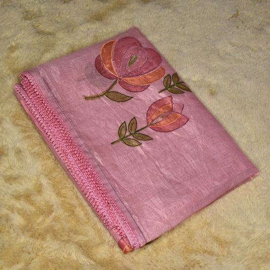 Baby pink tissue lotus applique work saree