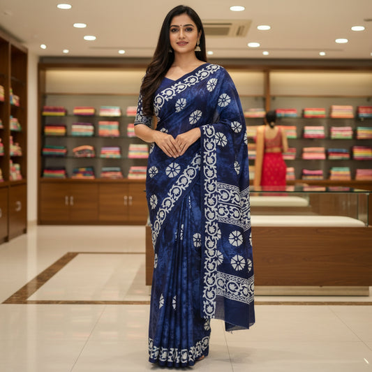Indigo blue mul cotton bhatik print saree