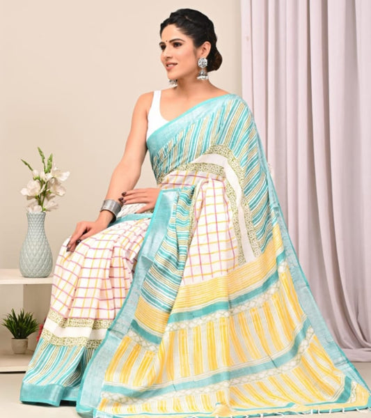 White pure linen handblock printed saree