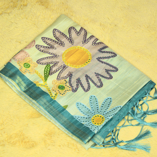 BLUE contrast tussar cutwork saree