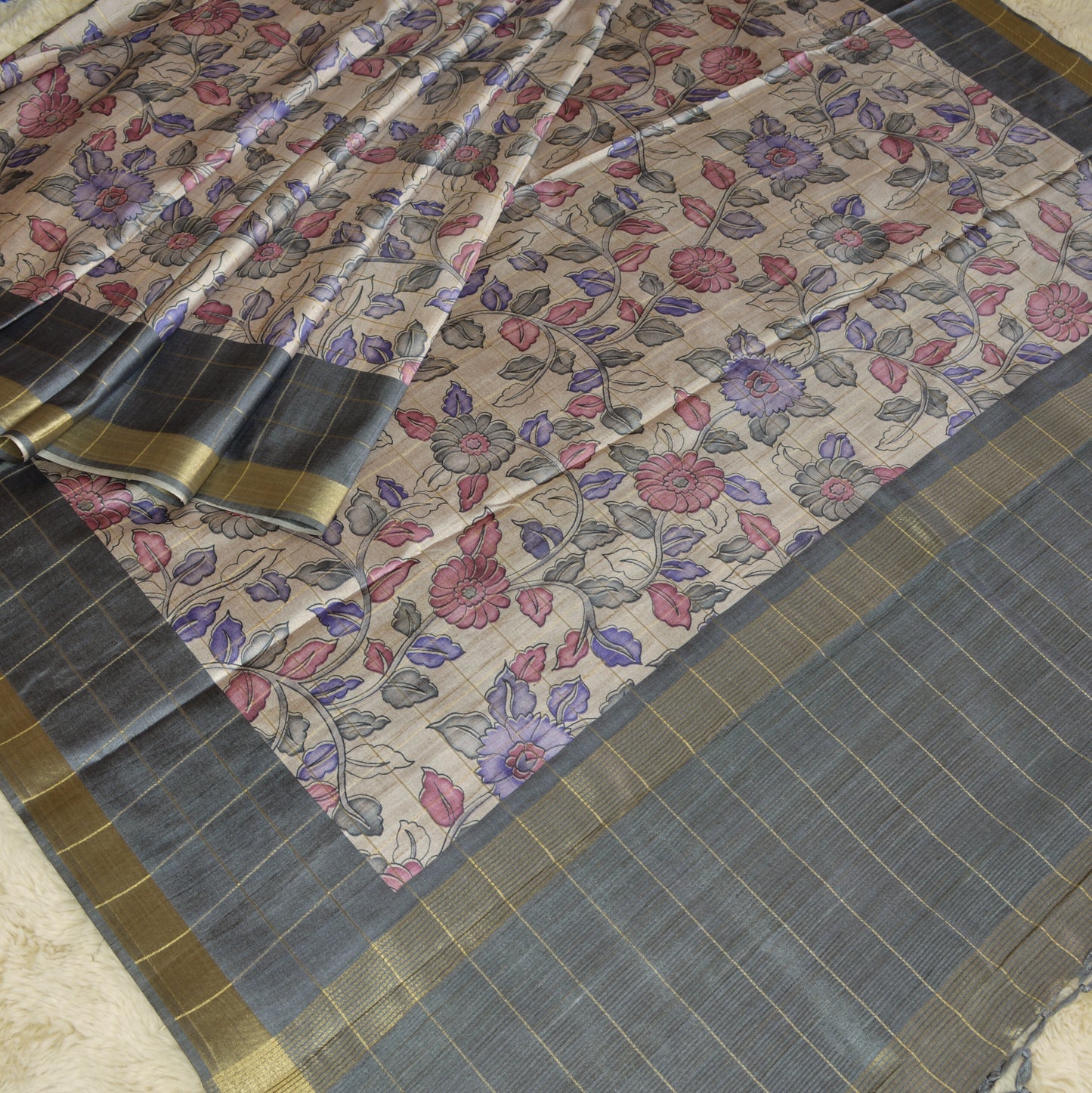 Grey tussar checks kalamkari saree