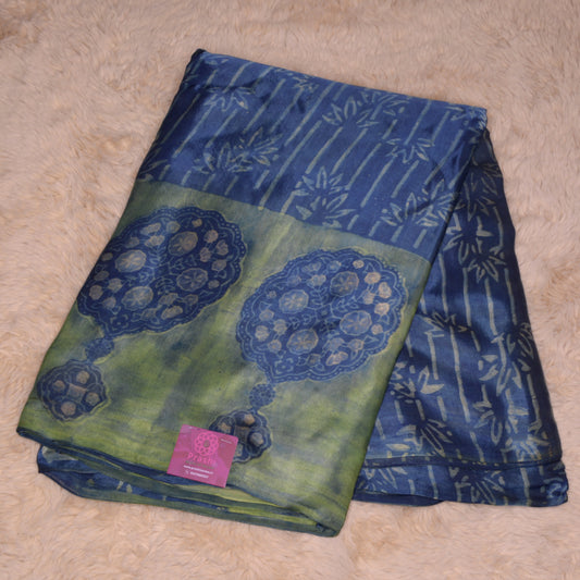 Green handblock printed pure modal silk saree
