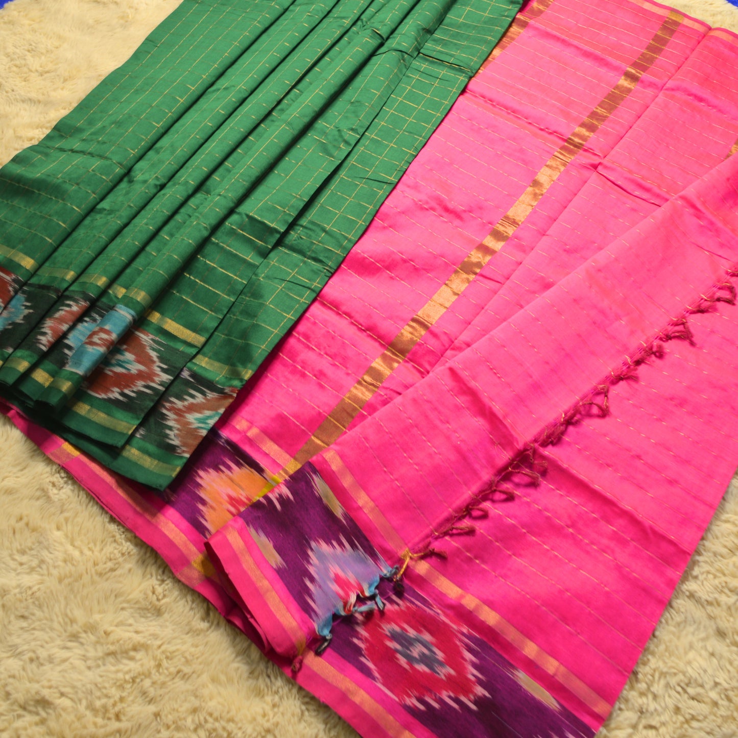 Bottle green venkatagiri silk cotton checks saree