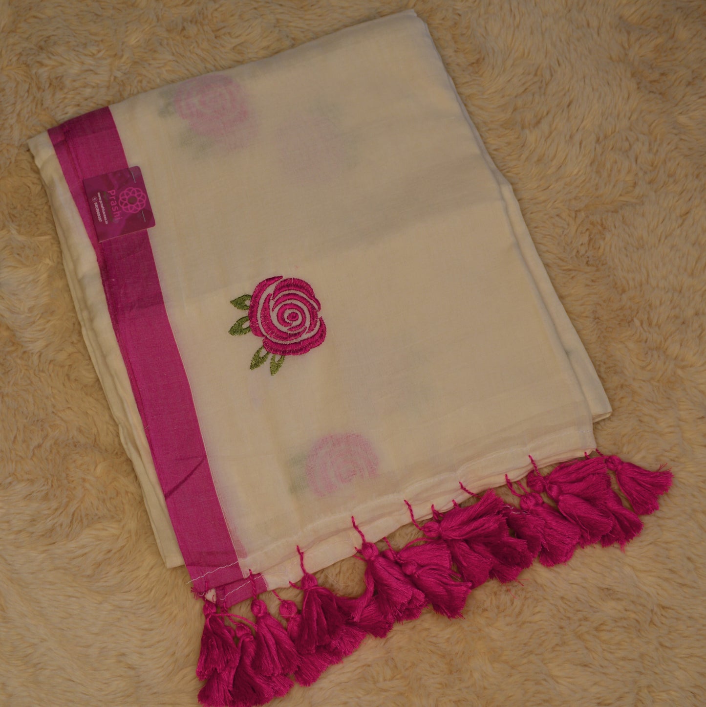 Half-white with pink mul cotton embroidery saree