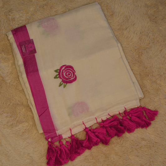 Half-white with pink mul cotton embroidery saree