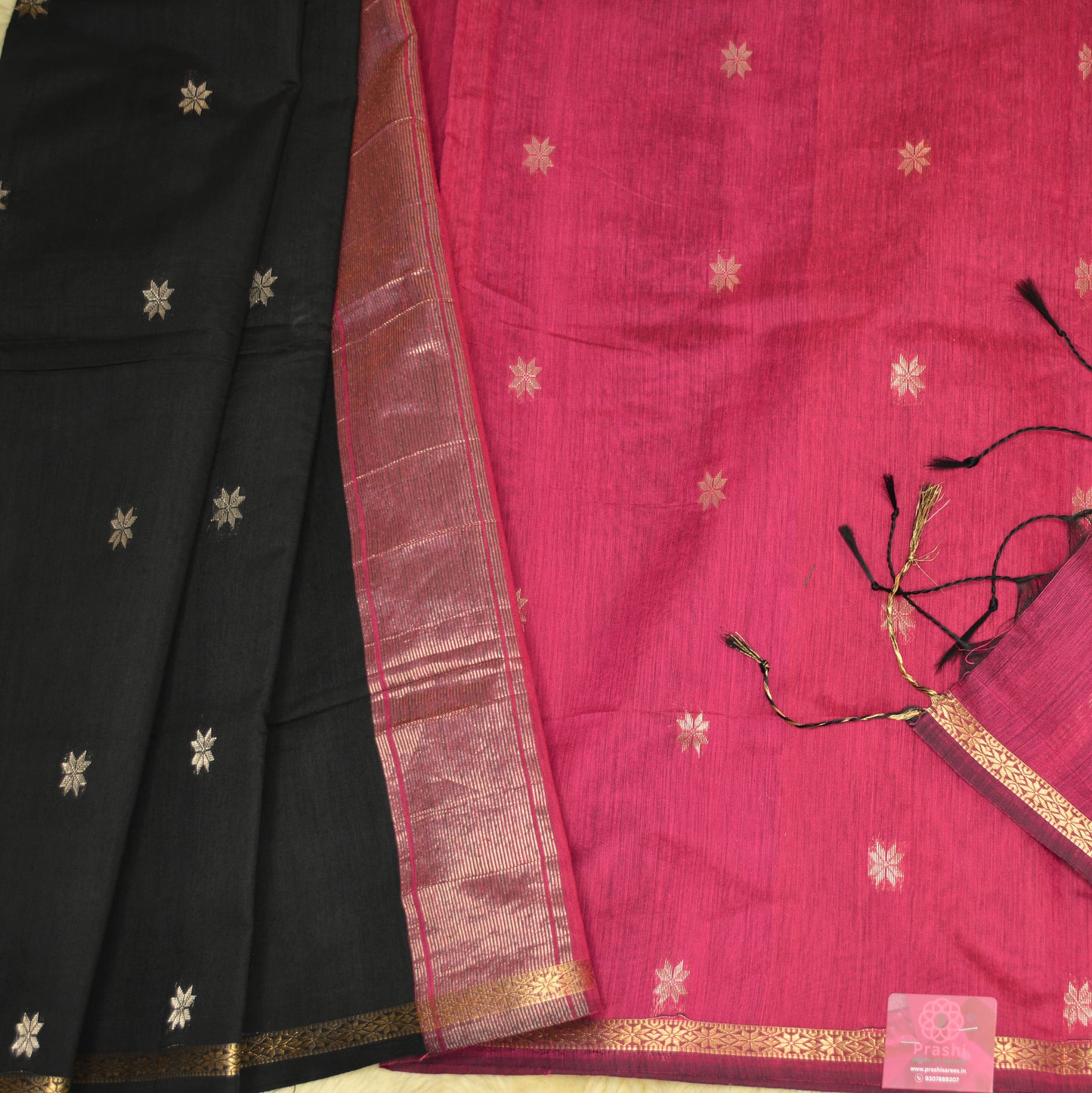 Black and pink maheshwari silk cotton saree