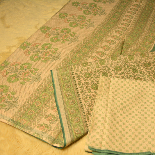 Green handblock printed cotton saree