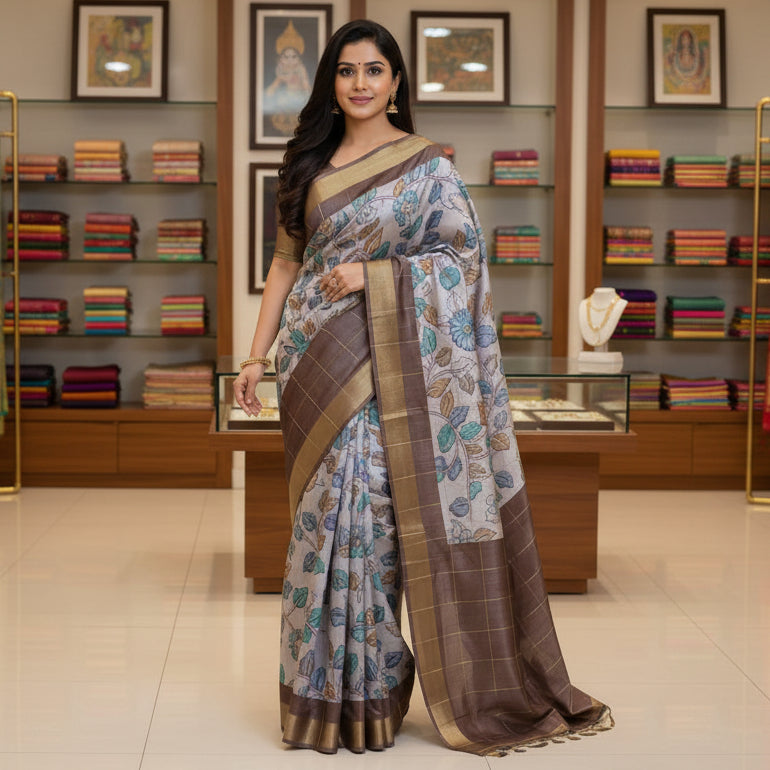 Grey with brown tussar checks kalamkari saree