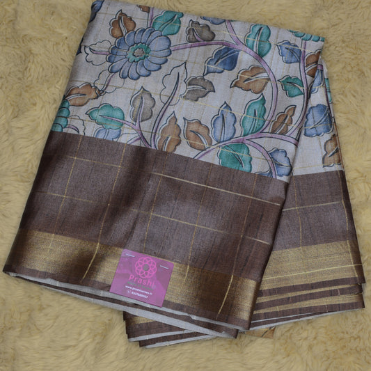 Grey with brown tussar checks kalamkari saree
