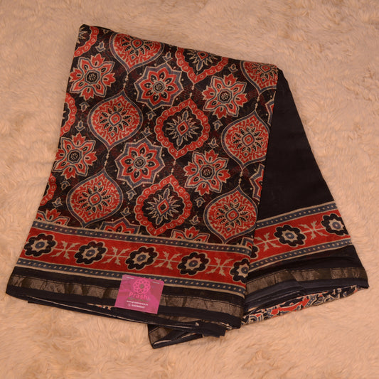 Black ajrakh handblock printed chanderi silk cotton saree