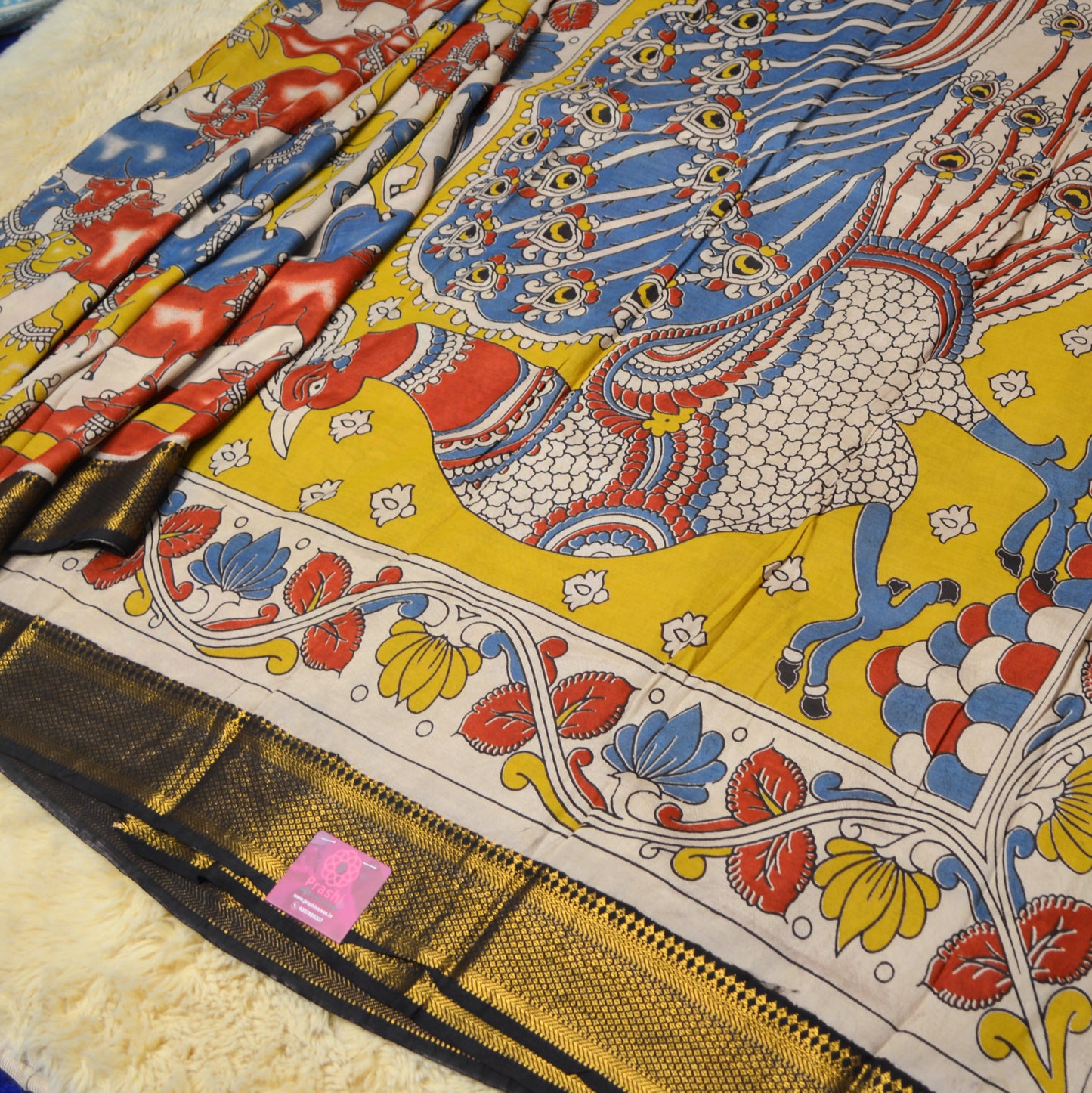 Half-white with multicolour kalamkari silk saree