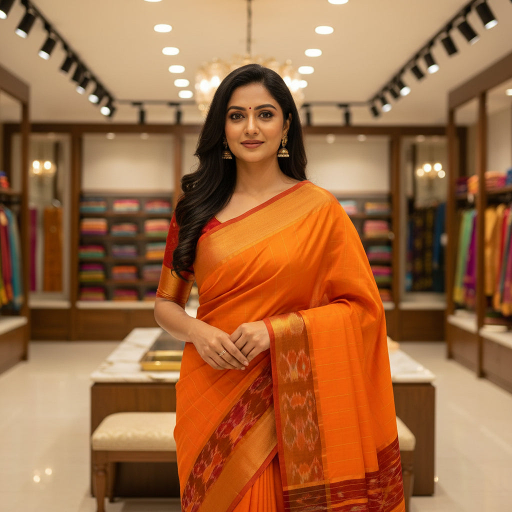 Orange and mahndi green venkatagiri silk cotton checks