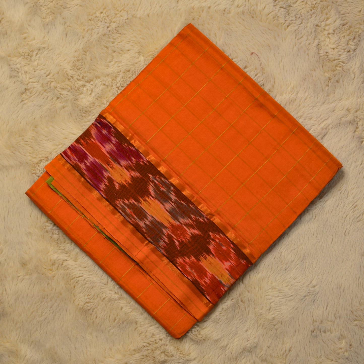 Orange and mahndi green venkatagiri silk cotton checks