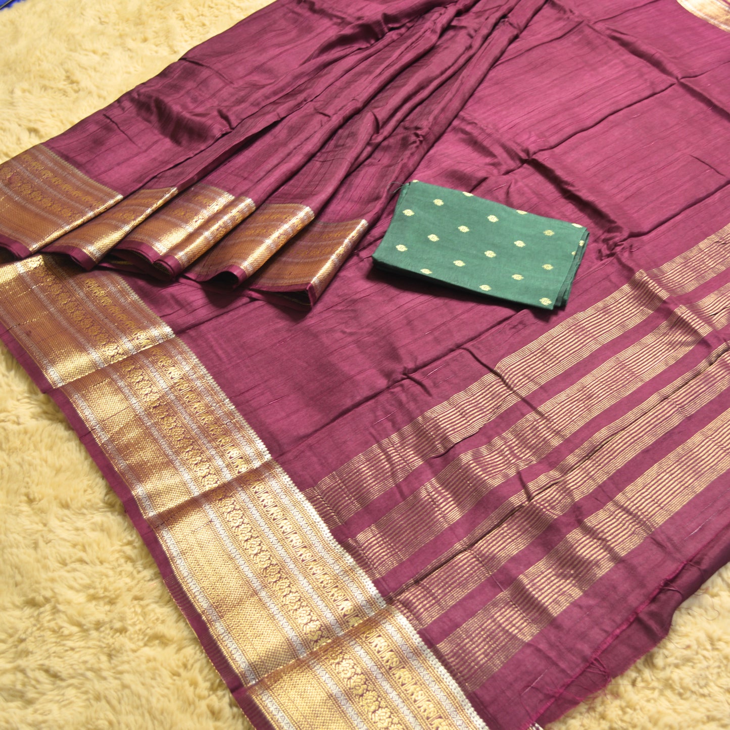 Brown plain mashroo silk saree with contrast blouse