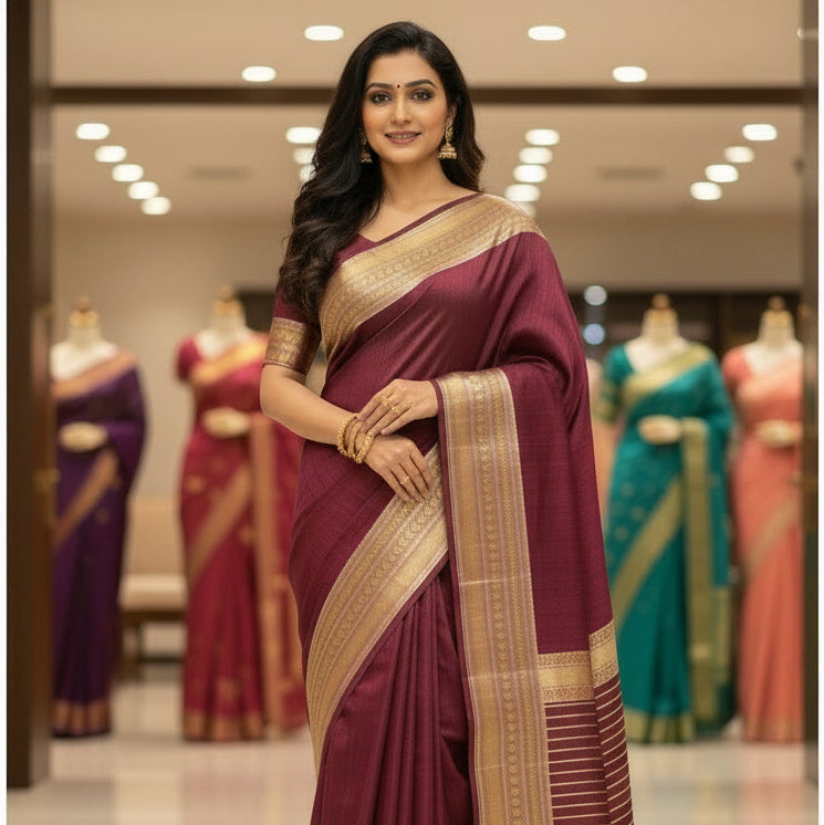 Brown plain mashroo silk saree with contrast blouse