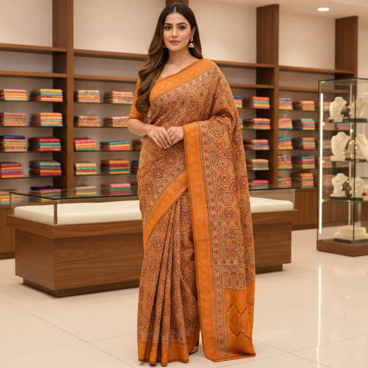 Brown ajrakh handblock printed dola silk saree