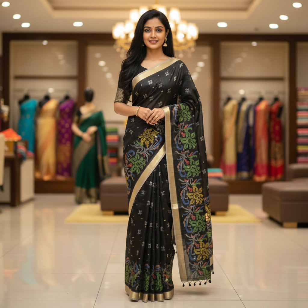 Black kota digital print saree