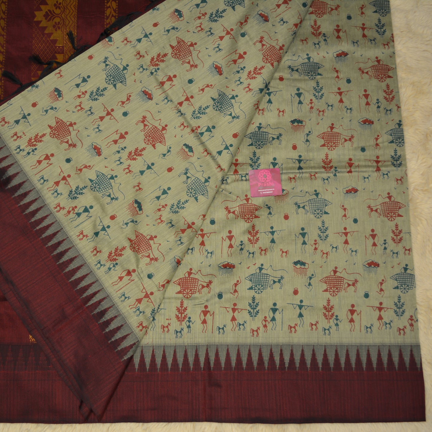Grey with maroon contrast kalyani cotton digital print saree