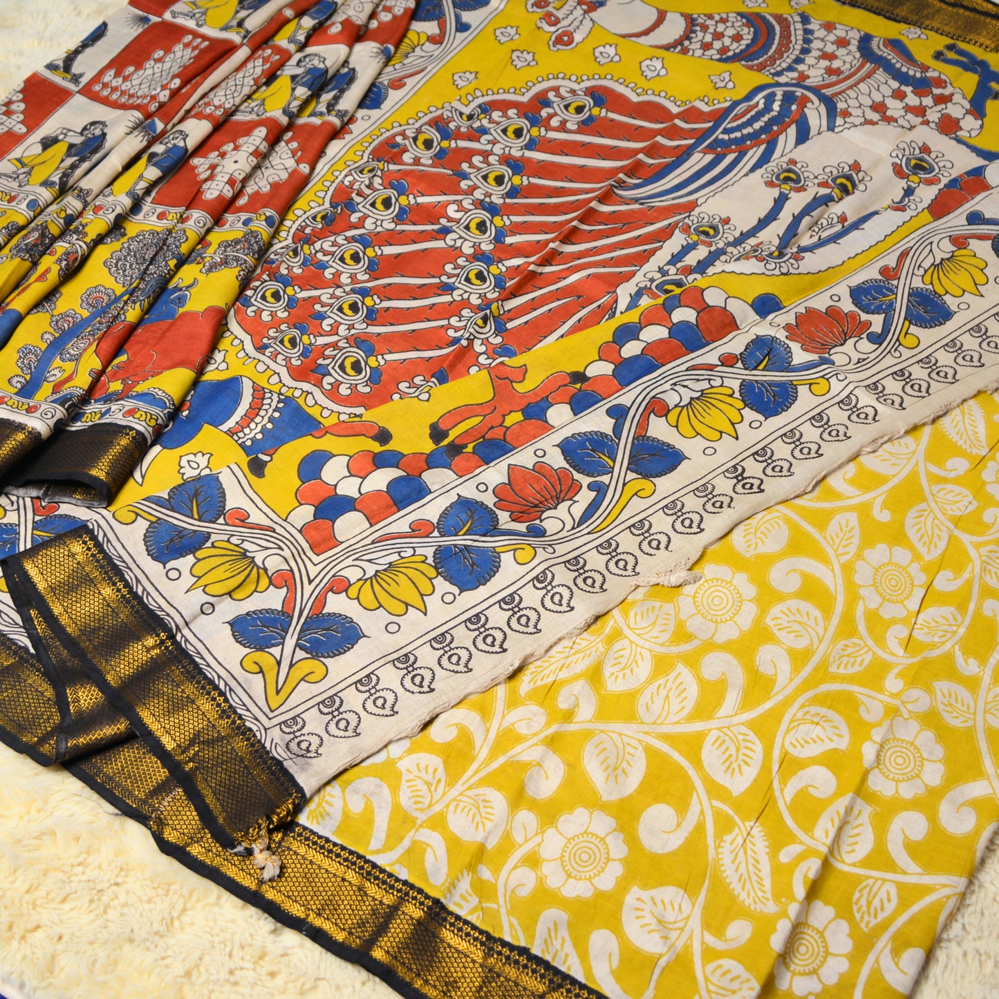Yellow and black nizam border kalamkari silk saree