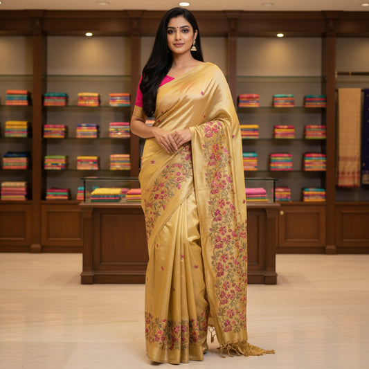 Golden tissue embroidery saree