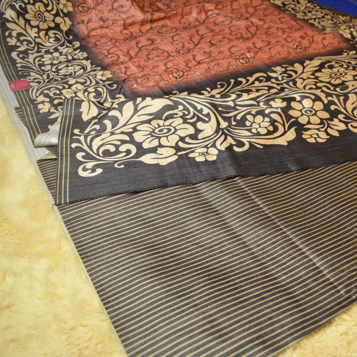 Onion pink soft tussar embroidery saree with black contrast