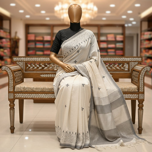 Half white with black tussar kashmir embroidery saree