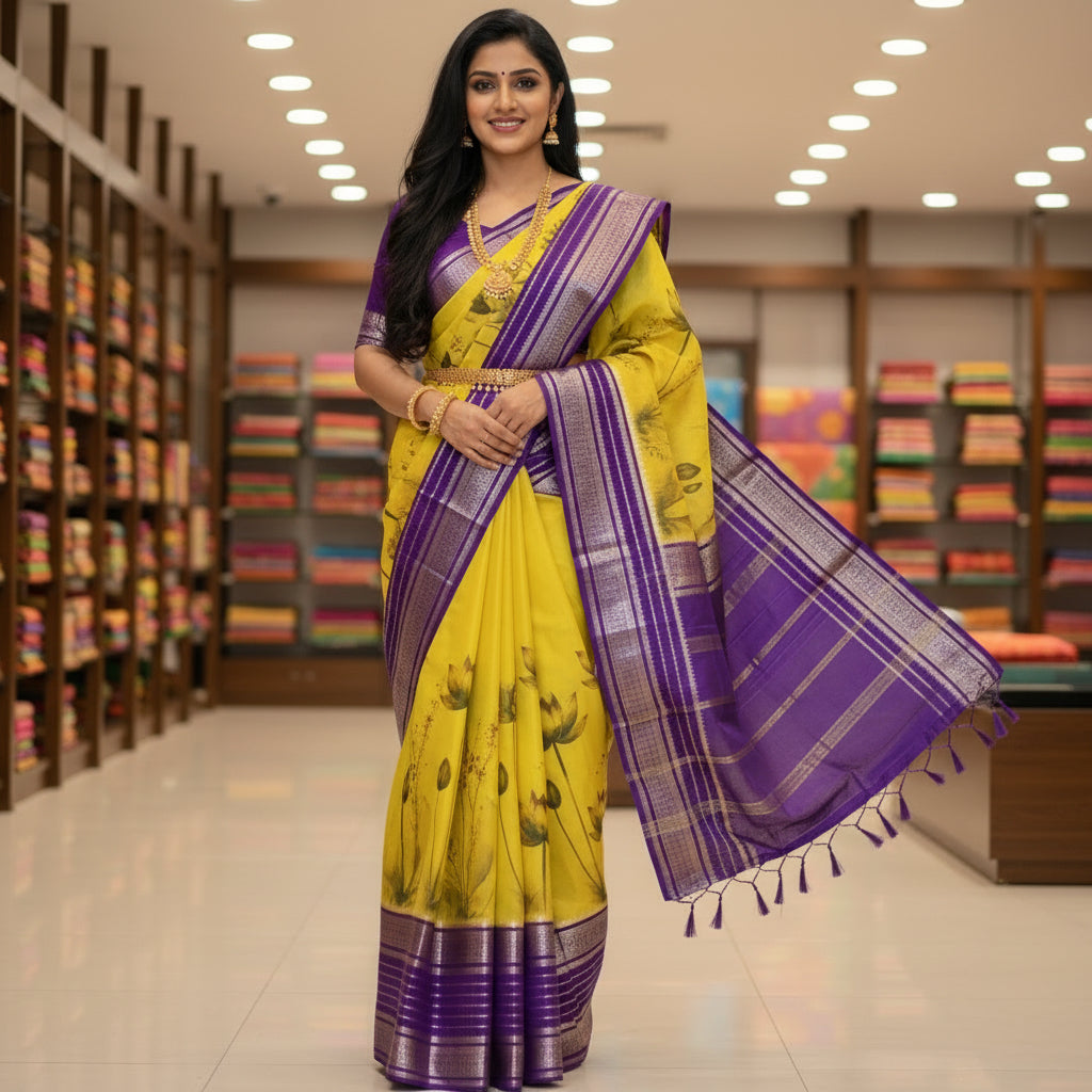 Yellow semi mysore crepe kalamkari print saree
