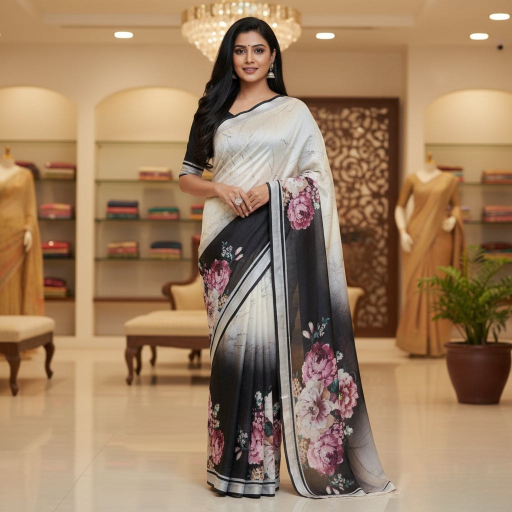 Half-white with black contrast canon silk saree