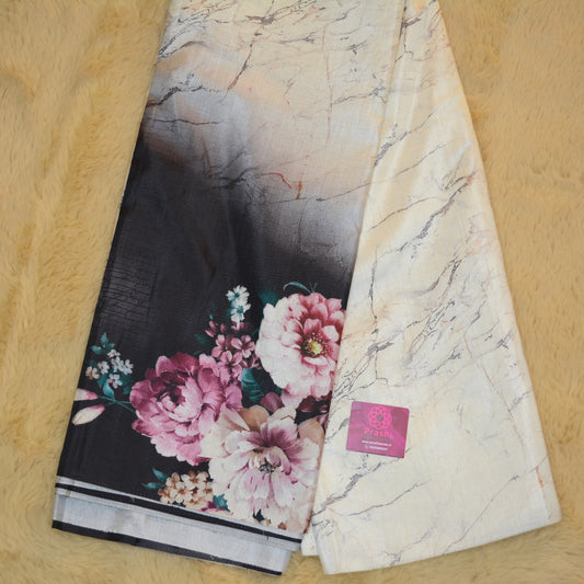 Half-white with black contrast canon silk saree