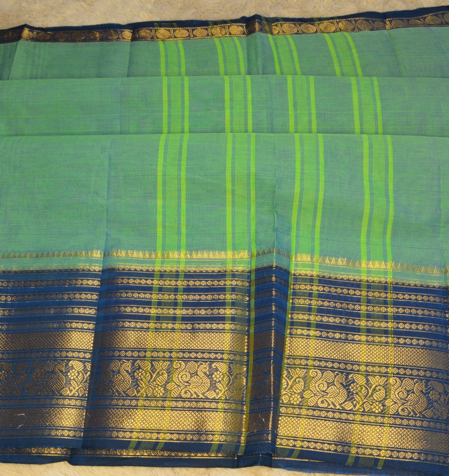 Sky blue and dark blue long border kanchi cotton saree