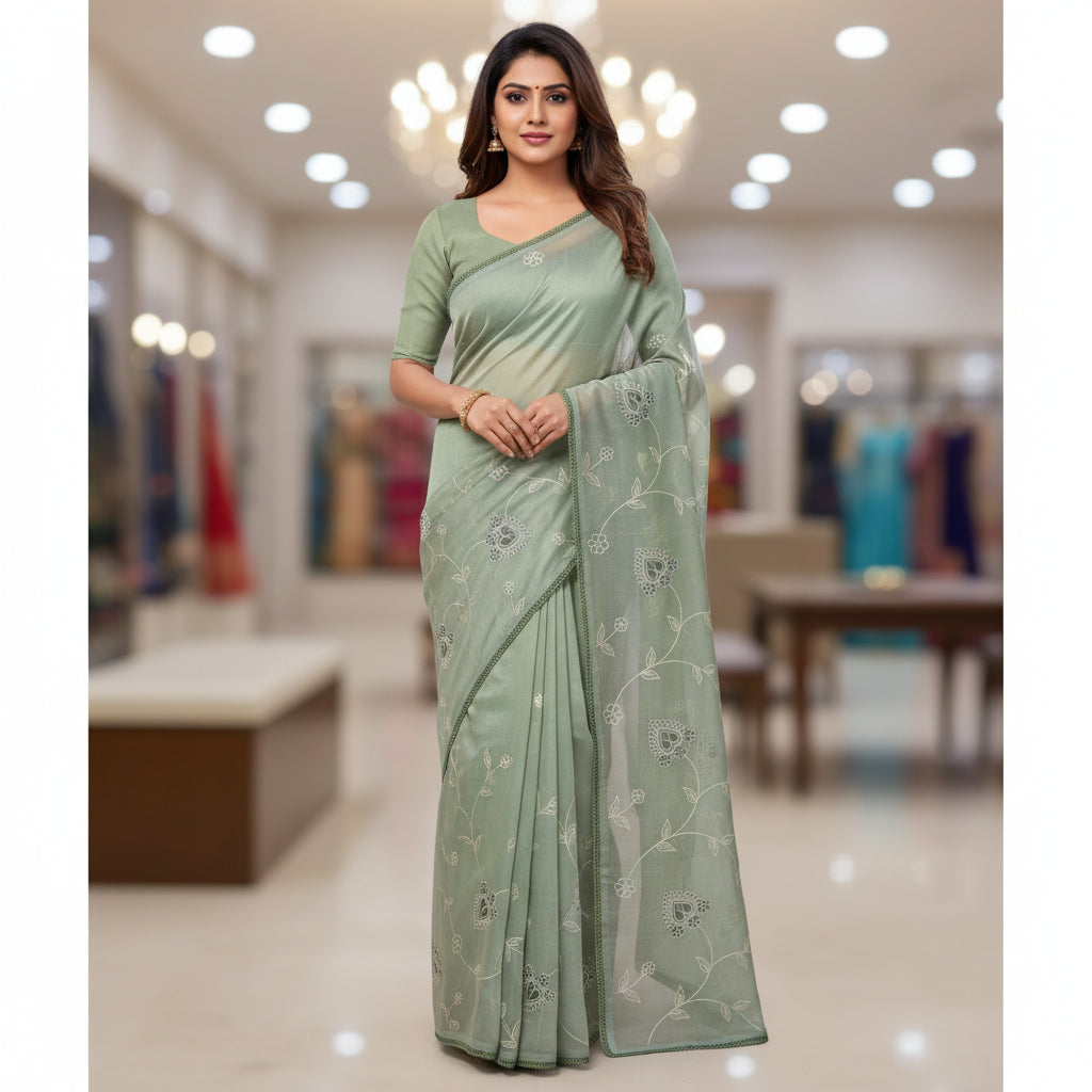 Pastel green kota embroidery lace border saree