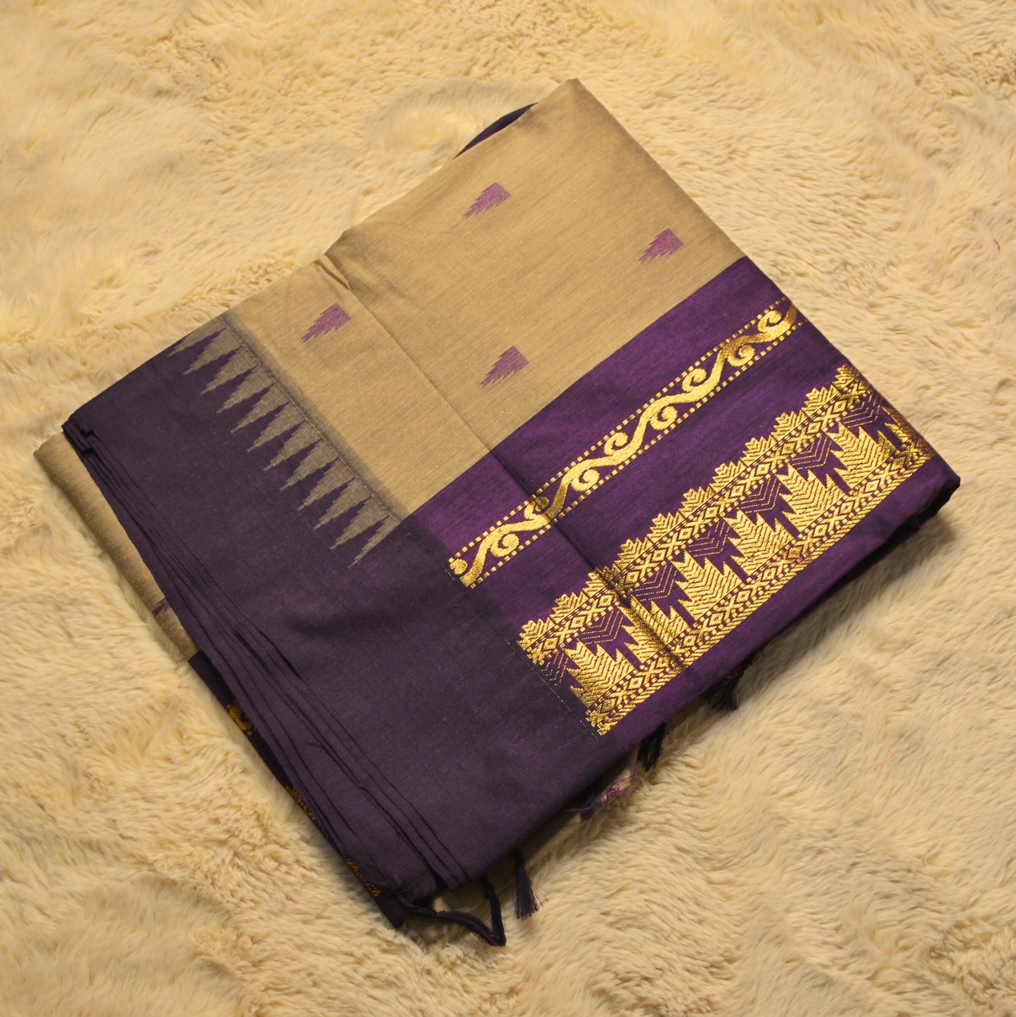 grey with purple contrast kalyani cotton border saree
