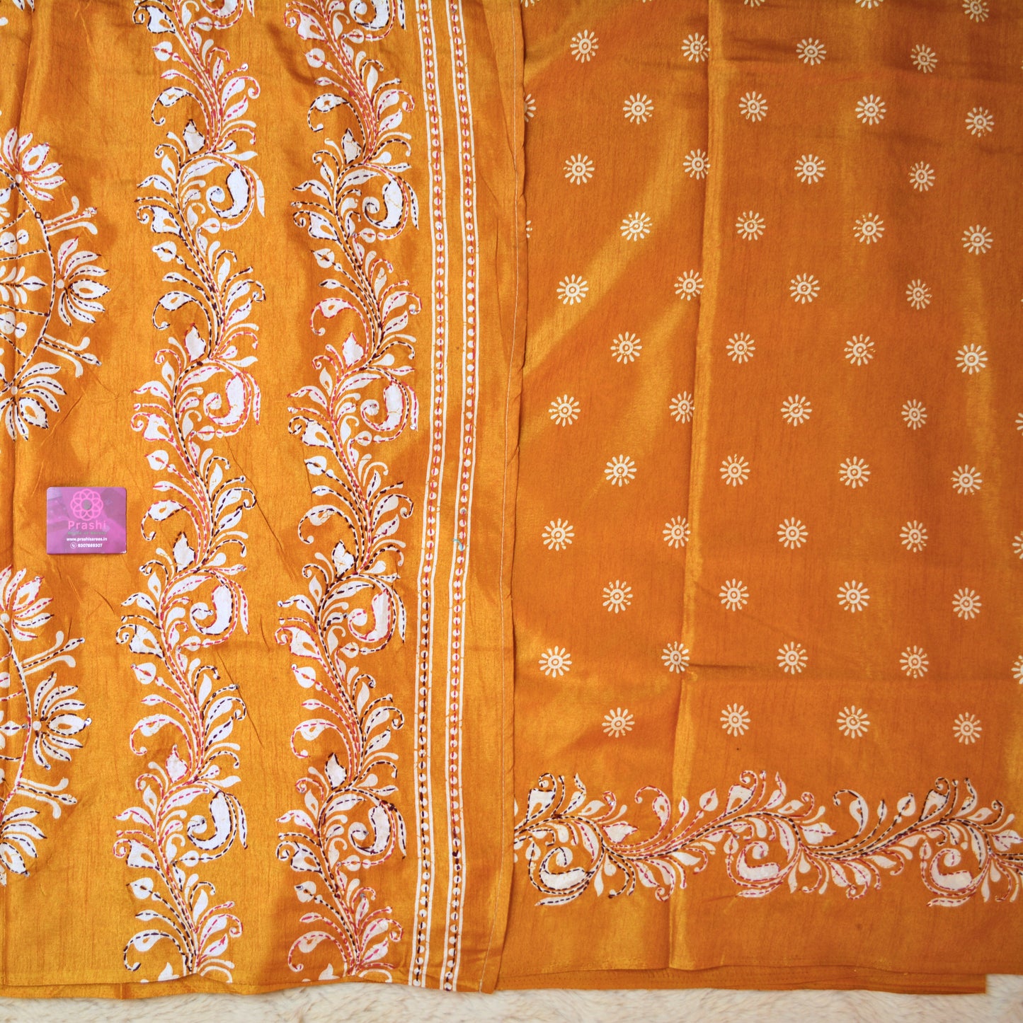 Orange dola silk katha work saree