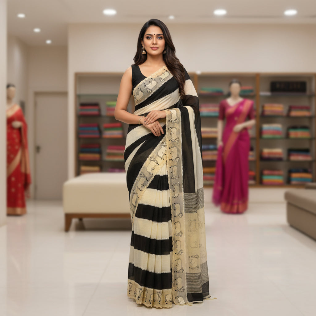 crush tissue white and black embroidery saree