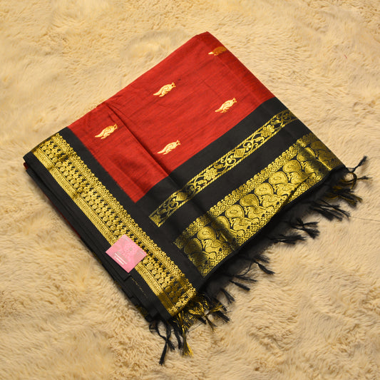 Red with black contrast kalyani cotton saree